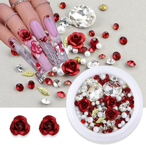 3D Rose Flower Nail Art Charms Acrylic Flower Gems Acrylic Nail with Pearls Red Rose Metal Flower Parts for DIY Manicure Supplies Nail Decor...