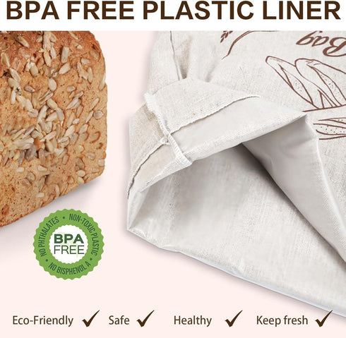 3Pcs Linen Bread Bags with Inner Lining 20" x 14" - Large Bread Bags for Homemade Bread Sourdough, Organic Reusable Bread Storage Box Keeps Bread ...