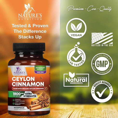 Pure Cinnamon Capsules, Certified Organic Ceylon Cinnamon Pills, Non-GMO, Gluten-Free, Dairy-Free, Sri Lanka Cinnamon Powder Supplement, Best Vega...