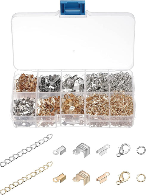 uxcell Jewelry Findings Kit, 3/4/7mm Fold Over Cord Ends with Lobster Claw Clasps, Jump Rings, Extension Chains for DIY Craft Making, Golden Silve...