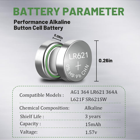 100 Packs SR621SW 364 AG1 Watch Battery Compatible with 364A LR621 SR621 LR60 SR60 164 Alkaline Button Cell 1.55v Batteries...