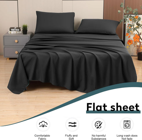 Toodou Soft Brushed Microfiber Black Full Size Flat Sheets-Comfortable and Durable Flat Sheet is Made of Premium Fabric Which Have Great Breathabi...