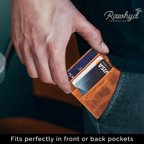 RAW HYD Men's Full-Grain Leather Slim Wallet with Money Clip - RFID Blocking, 5 Card Sleeves, Holds 15 Bills, Compact & Durable - Reddish Brown...