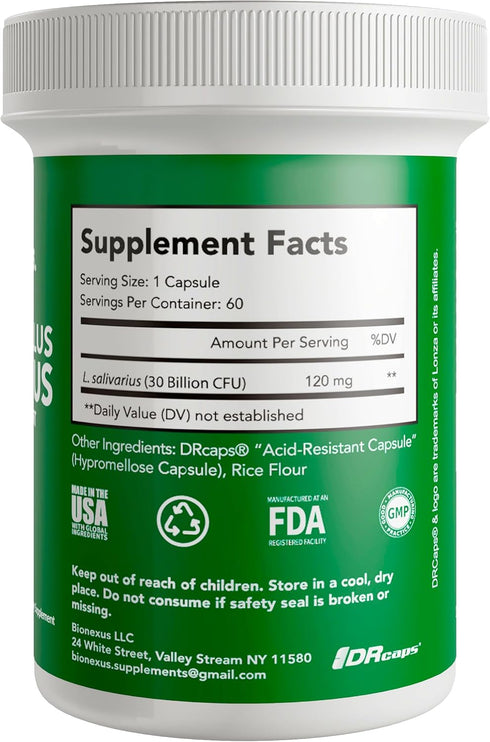 Bionexus™ Lactobacillus Salivarius Dietary Supplement – 60-Count, 30 Billlion CFU Oral Probiotics Support, Oral and Digestive Wellbeing, Immune Bo...