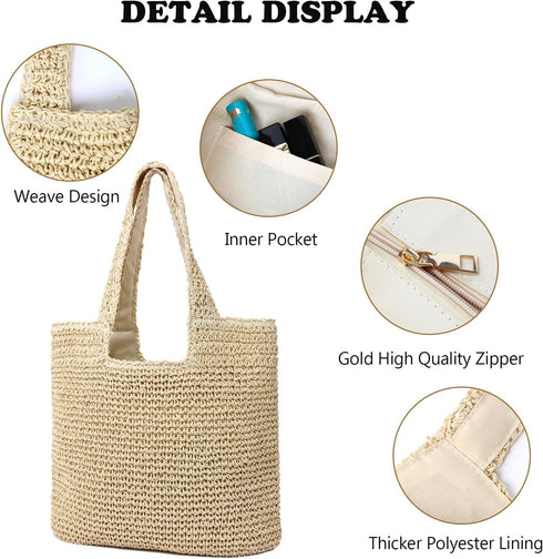 Large Straw Beach Bag for Women with Coin Purse, Woven Tote Bag Summer bag Travel Shoulder Handbag...