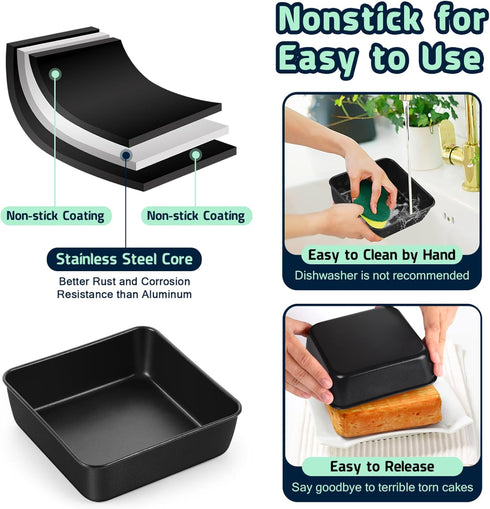 P&P CHEF 6” Square Cake Pans for Baking, 2-Piece Small Square Lasagna Brownie Pan, Stainless Steel Core with Non-stick Coatings, Easy to Use & Lea...