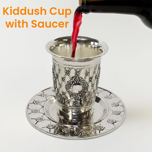 Majestic Giftware Kiddush Cup with Saucer | (KC-CA480N) 6-Inch Premium Quality Nickel Plated Wine Goblet | Perfect for Shabbat, Passover, and Holi...