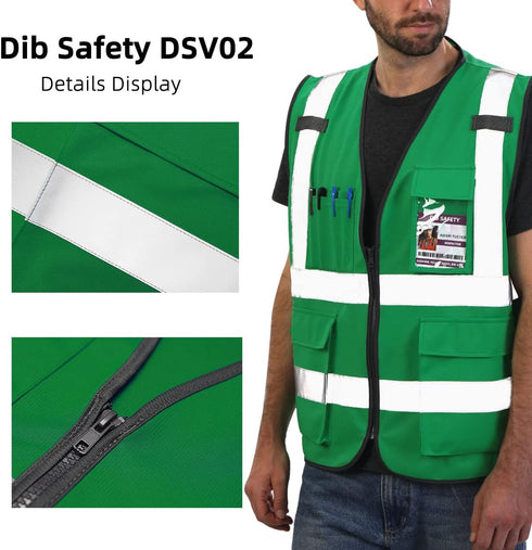 Reflective Vest High Visibility with Pockets and Zipper, Green L...