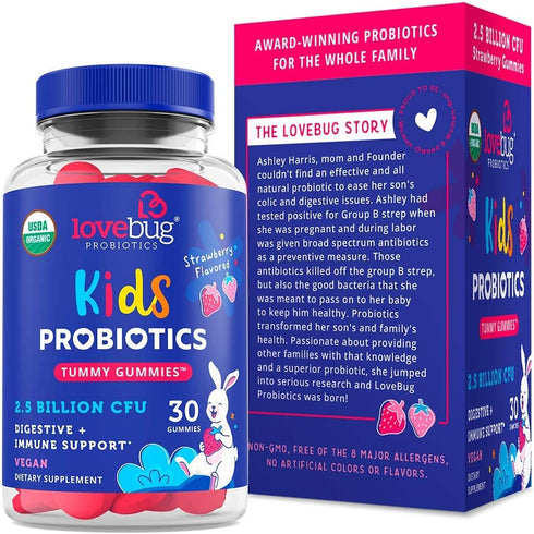 Lovebug Award Winning USDA Organic Probiotic Gummies for Kids | Soil-Based Probiotic | Vegan | Ages 3+ | Natural Fruit Strawberry Flavor | 30 Gumm...