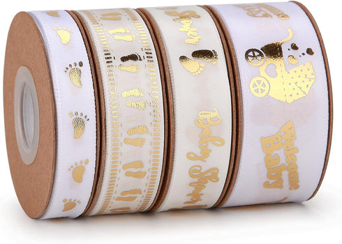40 Yards Baby Shower Ribbon Welcome Baby White and Gold Ribbon Assorted Foot Print Ribbons for Crafts Cake Birthday,Gift Wrapping, Party Decoratio...
