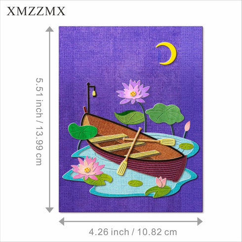 Lotus Flowers Wooden Boat River Pond Metal Cutting Dies for Card Making, Paper Embossing Die Cuts Kit Templates, Storage Pockets Supplies, Photo F...