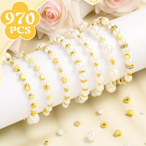 Audab Pearl Beads for Bracelet Making, 970 Pieces Pearl Beads and Gold Spacer Beads for Bracelets and Jewelry Making...