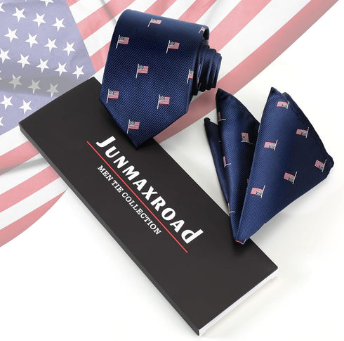 Men's American Flag Tie Set 3.27" (8.3CM) USA Flag Neckties and Pocket Square Set with Gift Box...