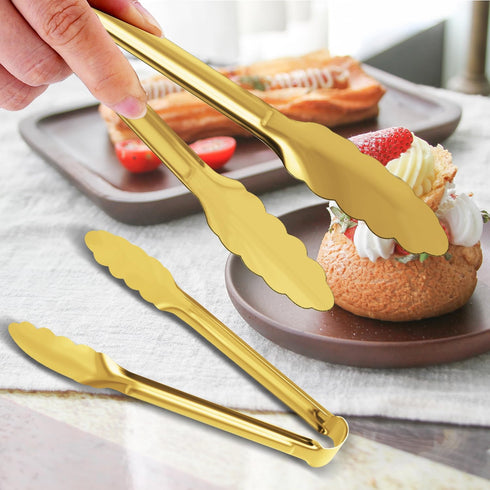 4 Pack Gold Serving Tongs XEVOM Gold Buffet Tongs Serving Utensils Salad Tongs Stainless Steel Gold Plated Buffet Serving Tongs,9 Inch...