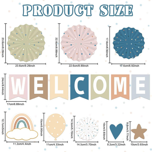 67 Pieces Simply Boho Welcome Classroom Bulletin Board Set Rainbow Bulletin Board Classroom Decoration Balloon Paper Fans Cutouts for Primary Scho...