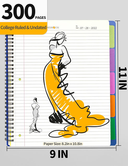 SUNEE 5 Subject Notebook College Ruled - 300 Pages, 8.2"x10.8", 5 Pocket Colored Dividers, 3-Hole Punched Paper, Blue...