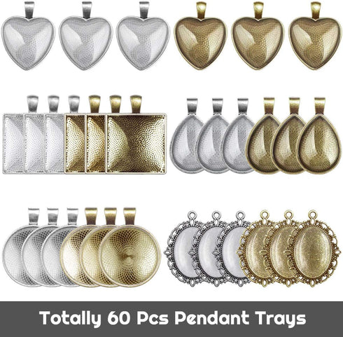 Anezus 60Pcs Pendant Trays, Bezel Pendant Trays Blanks with Glass Cabochons for Pendants Making and Jewelry Making, 5 Styles...