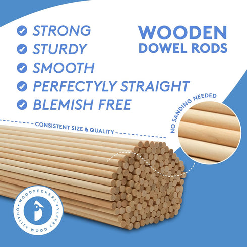 Dowel Rods Wood Sticks Wooden Dowel Rods - 1/4 x 6 Inch Unfinished Hardwood Sticks - for Crafts and DIYers - 50 Pieces by Woodpeckers...