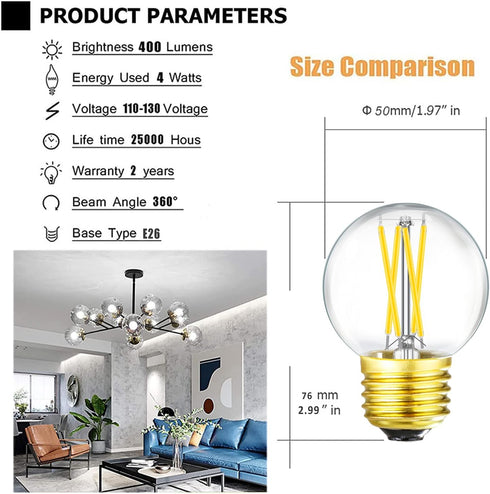Leools Dimmable E26 LED Bulb 4W Equal E26 40 Watt Light Bulb,E26 Globe Edison Light Bulbs,Daylight 4000K G16.5 Light Bulb led for Pendant,Chandeli...