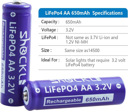 4 Pack- Shockli AA 3.2V LiFePo4 650mAh Battery, AA 3.2V Solar Rechargeable Batteries - Ideal for Solar Garden Light...