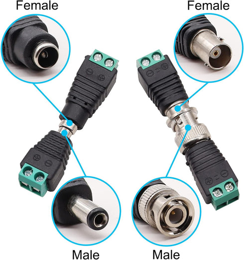 40PCS Male Female Power Connector DC 12V 5.5 x 2.1mm Power Jack Plug Adapter Barrel Connector, BNC Male Female Balun Connector for CCTV Coaxial Ca...