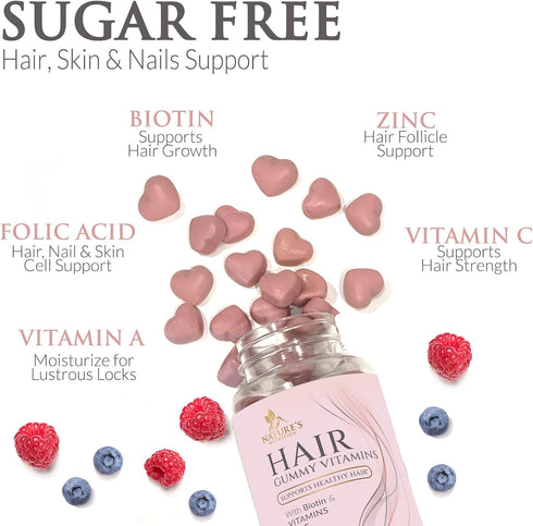 Sugar Free Hair Vitamins Gummies with Biotin 5000 mcg, Vitamin A, B12, C, D, E, Folic Acid, Supports Hair Growth Gummy, Vegetarian Friendly, Suppo...