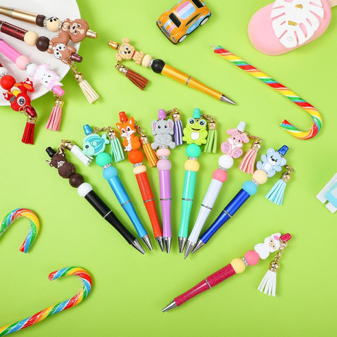 Colarr 12 Sets Christmas Beadable Pens Bulk Halloween Bead Pens with Colorful Beads Tassels Clasps and Beaded Pens DIY Pens Making Kit for Women K...