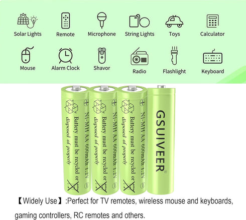 1.2V Ni-Mh AA 600mAh Rechargeable Batteries for Outdoor Solar Garden Lights (4 Pack)...