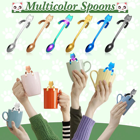 12 Pcs Cat Spoon Tea Spoon Valentines Day Spoons Stainless Steel Mini Long Coffee Spoons Teaspoon Cute Kitten Stirring Spoon 2 Different Lengths D...