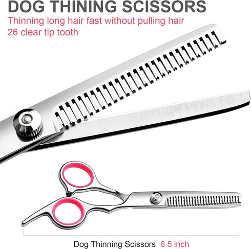 Dog Grooming Scissors with Safety Round Tips Stainless Steel Professional Dog Grooming Kit - Thinning, Curved Scissors and Comb for Dog Cat Pet...