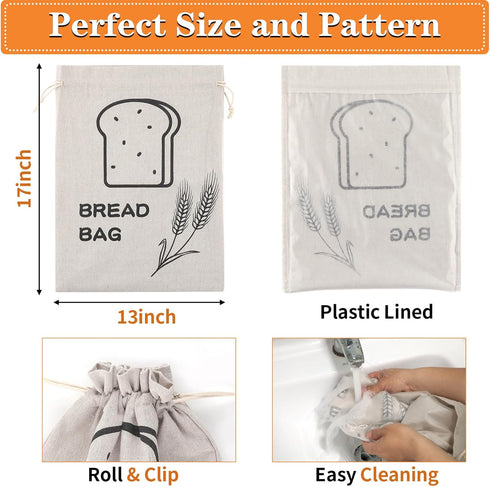 Bread Bags, 2 Pack Linen Bread Bags, Bread Bags for Homemade Bread Storage with Drawstring — Plastic Lined, Reusable Gift Bag for Housewarming, We...