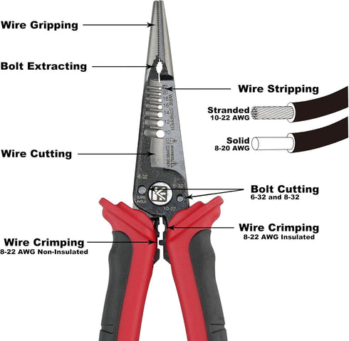 K601 6-In-1 Combination Wire Service Tool, Stripping Crimping and Gripping Pliers, 8-1/2" Electrician Pliers...