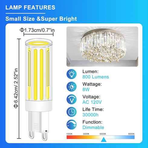 G9 LED Bulb Dimmable,60W 75W 80W Halogen Equivalent, Daylight White 6000K 8W 800LM T4 COB G9 Base LED Bulb Bi Pin Base Chandelier Lighting, No-Fli...
