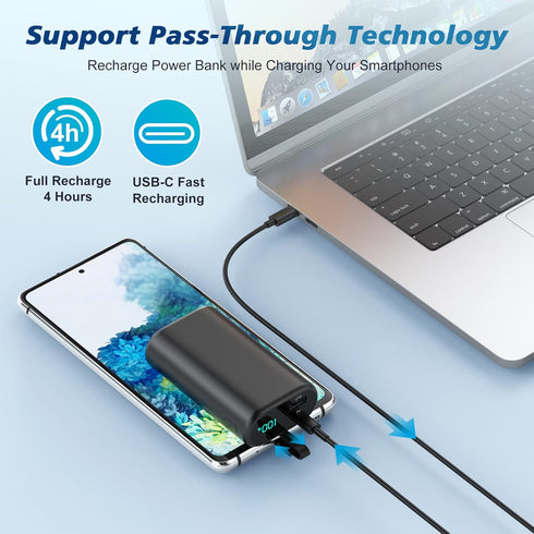 Small Portable Charger 10800mAh with Built-in USB-C Cable, Mini PD 3A Fast Phone Charging Power Bank,LCD Display Android Charger Battery Pack Comp...