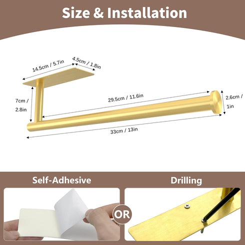 Paper Towel Holder Under Cabinet - Gold Paper Roll Holder Wall Mount, Stainless Steel, Self-Adhesive or Drilling, for Kitchen, Bathroom, RV...