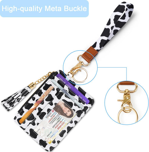 Slim Zipper Credit Card Holder with Keychain Wristlet Small RFID Leather Wallet with ID Window for Women,Cow...