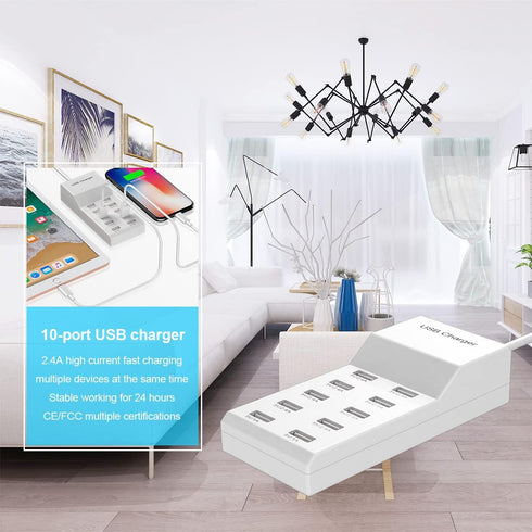USB Wall Charger 60W USB Charging Station for Multiple Devices Smart Charging Power Hub for Multiple Devices 10 Port Desktop Charger Charging Stat...