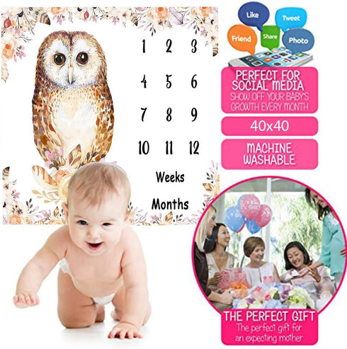 Owl Baby Monthly Milestone Blanket, 48x40in Soft Flannel, Flower Watercolor Backgrounds, Newborn Mom Gifts, Baby Shower Age Growth Tracker with Bo...