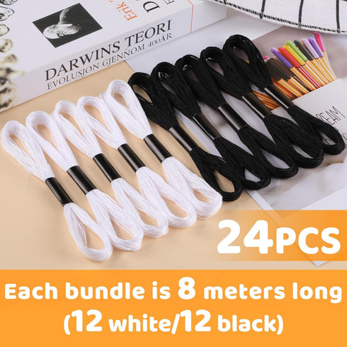 Black and White Series Embroidery Thread, Embroidery Cross Floss, Embroidery Thread Floss Set Including Plastic Floss Bobbins, Needle Threader, Ha...