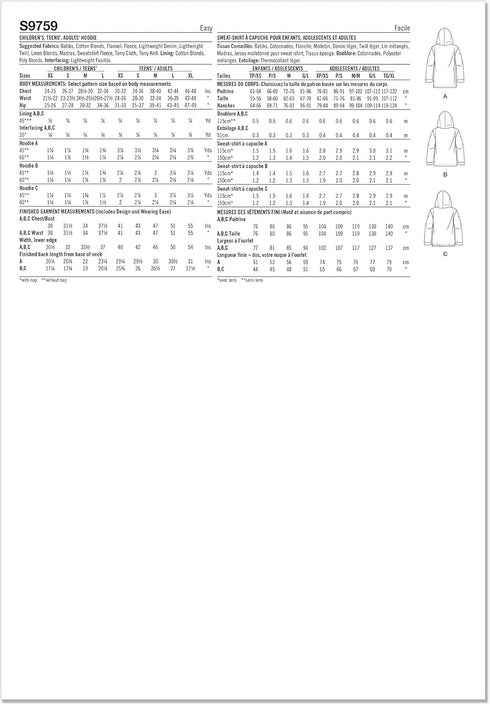 Simplicity Easy Children's, Teens' and Adults' Hoodie Sewing Pattern Packet, Code S9759, Sizes XS - L/XS - XL, Multicolor...