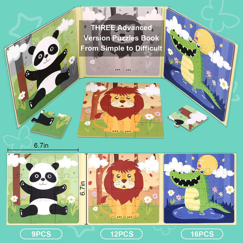 Magnetic Puzzles for Kids Ages 3 4 5, Advanced Version 9-12-16 Piece Animal Wooden Jigsaw Puzzles Book for Toddlers, Travel Games, Preschool Educa...