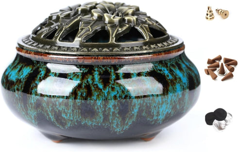 Ceramic Incense Burner with Incense Stick Holder + Insulation use for Stick or Coil Incense, Sage Cones and Frankincense (Fambe Blue)...