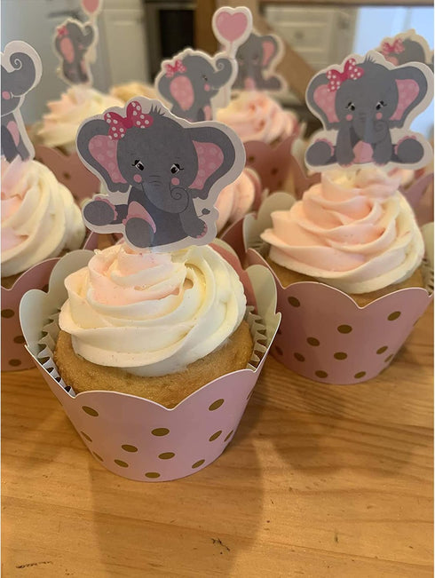 Finduat 48 Pieces Pink Elephant Cupcake Toppers for Girl Baby Shower Decorations Supplies, Baby Girl Birthday Party Supplies(Double Sided)...