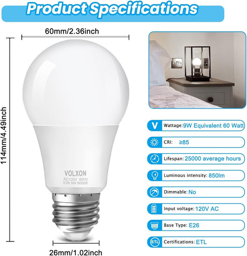 A19 LED Light Bulb, 9 Watt Equivalent 60 Watt Led Light Bulb, Bright Light Bulb 850LM, Non-Dimmable, Daylight White 5000K, Standard E26 Base, CRI ...