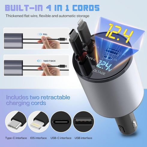 Super Fast Charger with 100W, 4 in 1 Retractable Car Charger for iPhone and Type C, Retractable Cables (31.5 inch) and 2 Charging Ports, Compatibl...