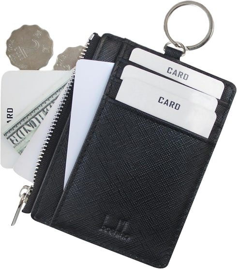 Boshiho Saffiano Leather Credit Card Holder Coin Change Purse with Key Ring Keychain - unisex...