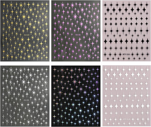 6Sheets Star Nail Art Stickers, 3D Self-Adhesive Purple Gold Silver Black White Stars Nail Design Sticker Starlight Nail Decals for Women DIY Fren...