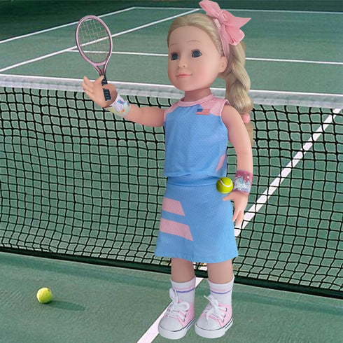 18inch Doll Clothes and accessories-18 Dolls Tennis Sports Outfits-Tops, Short Skirt, Headbands, Hair Band?Doll Socks, Dolls Shoes, Rackets, Ball...