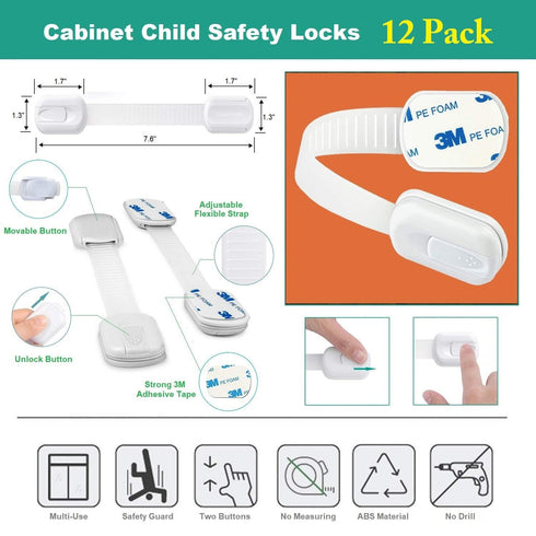 Child Safety Cabinet Strap Locks - OKEFAN 12 Pack Baby Proofing Adhesive Latches for Kids Drawer Cupboard Dishwasher Fridge Oven Door No Drill (Wh...
