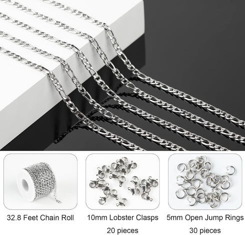 Jabogrii 32.8 Feet Silver Jewelry Making Chains Stainless Steel Necklace Bracelet Women Chains Spool with Lobster Clasps and Open Jump Rings...